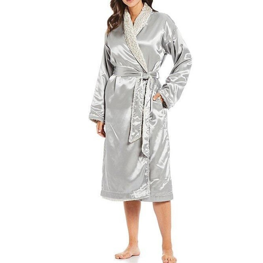 Giraffe At Home NWT Women's Luxe Satin Snow Leopard Faux Fur Robe M - Picture 1 of 7
